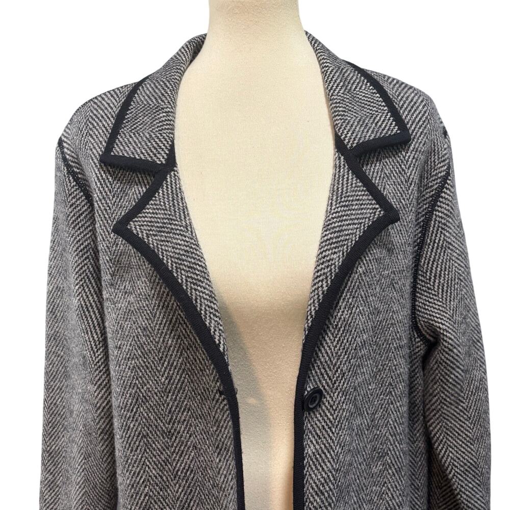 Gray Herringbone 100% Wool Long Cardigan White Black Librarian Chic Old Money - Picture 2 of 10